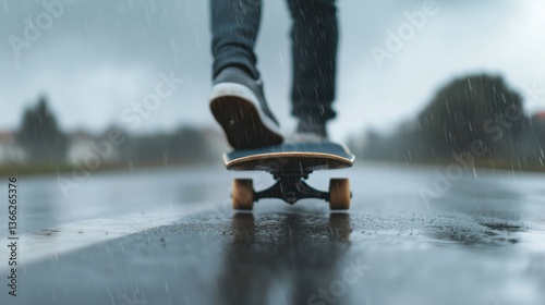 Student pinning timetable on skateboard in stormy weather photo