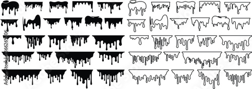 Dripping paint or ink icon in flat, line set. Isolated on transparent background