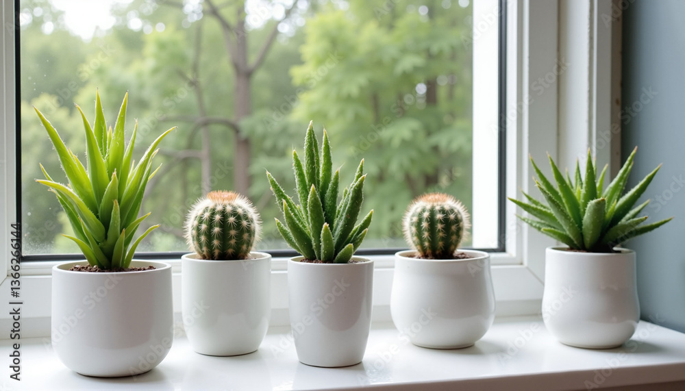 Gardening indoors: A stylish collection of cacti and succulent plants in white pots arranged on a windowsill, enjoying natural sunlight Gardening indoors: A stylish collection of cacti and succulent plants in white pots arranged on a windowsill, enjoying natural sunlight