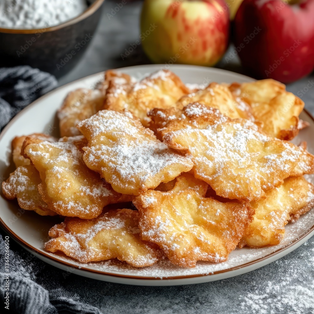 Savor the classic charm of golden apple fritters dusted with powdered sugar, served on a white plate alongside fresh apples and a bowl of sugar, perfect for culinary and dessert photography. Savor the classic charm of golden apple fritters dusted with powdered sugar, served on a white plate alongside fresh apples and a bowl of sugar, perfect for culinary and dessert photography.
