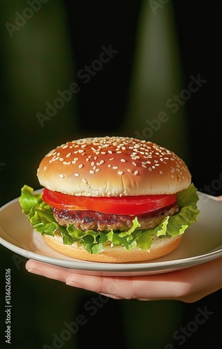 Delicious Hamburger With Fresh Ingredients Held on a Plate in a Warm Setting