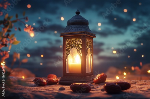 Lantern Glowing Softly at Dusk Surrounded by Dates and Gentle Blooms in a Tra...