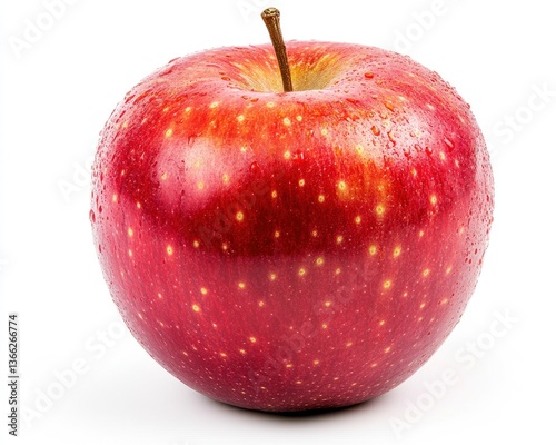 Fresh Red Apple with Stem and Water Droplets Isolated on White