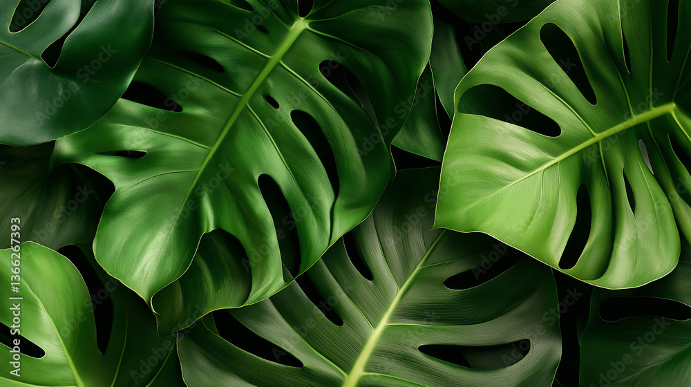 Fototapeta premium Large green monstera leaves arranged on a dark textured background. 