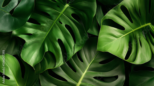 Large green monstera leaves arranged on a dark textured background.
