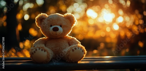 Soft Teddy Bear Sitting on a Bench Surrounded by Autumn Leaves in a Golden Ev...