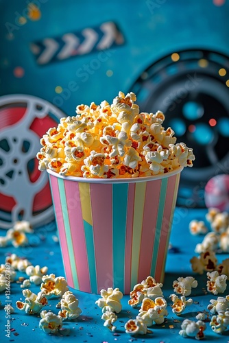 Popcorn in a Colorful Bucket With a Movie Reel and Clapboard on a Teal Backdrop