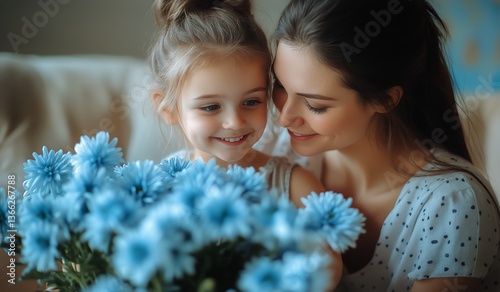 Mother and Daughter Smiling Together While Holding a Bouquet of Blue Flowers ...