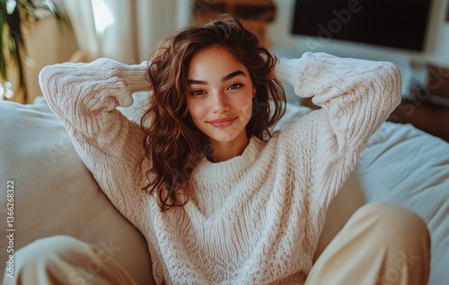 Young Woman Relaxing on a Couch in a Cozy Living Room During Daylight