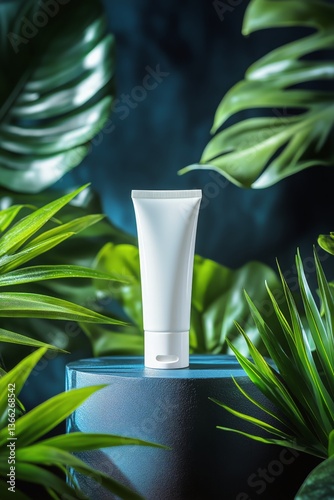 Tropical Setting Showcasing a Skincare Product Among Lush Green Leaves