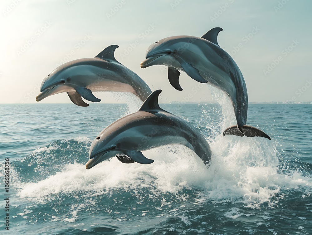 Fototapeta premium Three dolphins leap gracefully through the ocean water together playfully