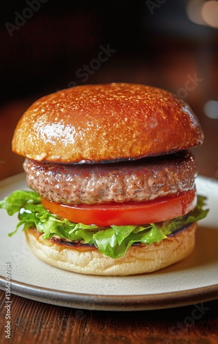 Delicious Hamburger With Fresh Ingredients Held on a Plate in a Warm Setting