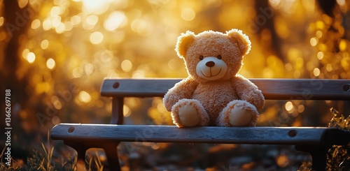 Soft Teddy Bear Sitting on a Bench Surrounded by Autumn Leaves in a Golden Ev...