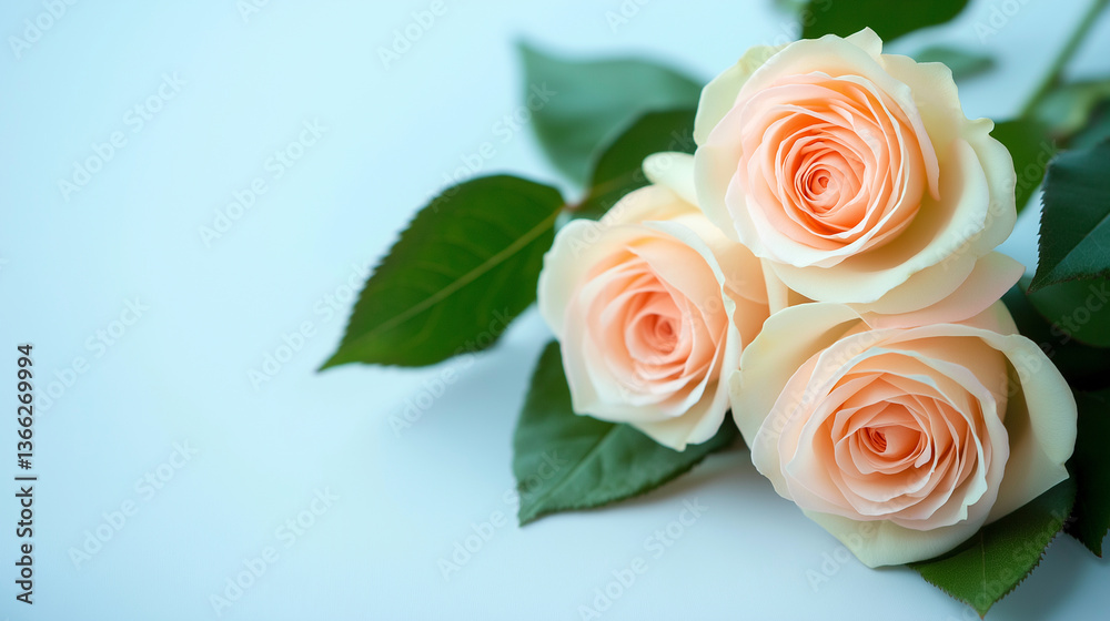 Fototapeta premium A delicate bouquet of soft peach roses with green leaves on a light blue background. 