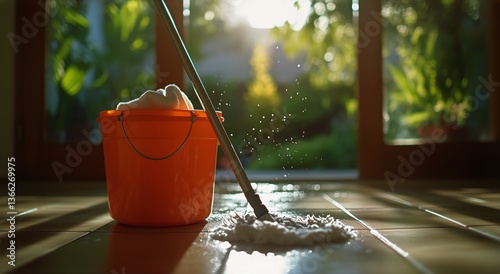 Cleaning a Tiled Floor With a Mop and Bucket in a Sunlit Garden Area During A...