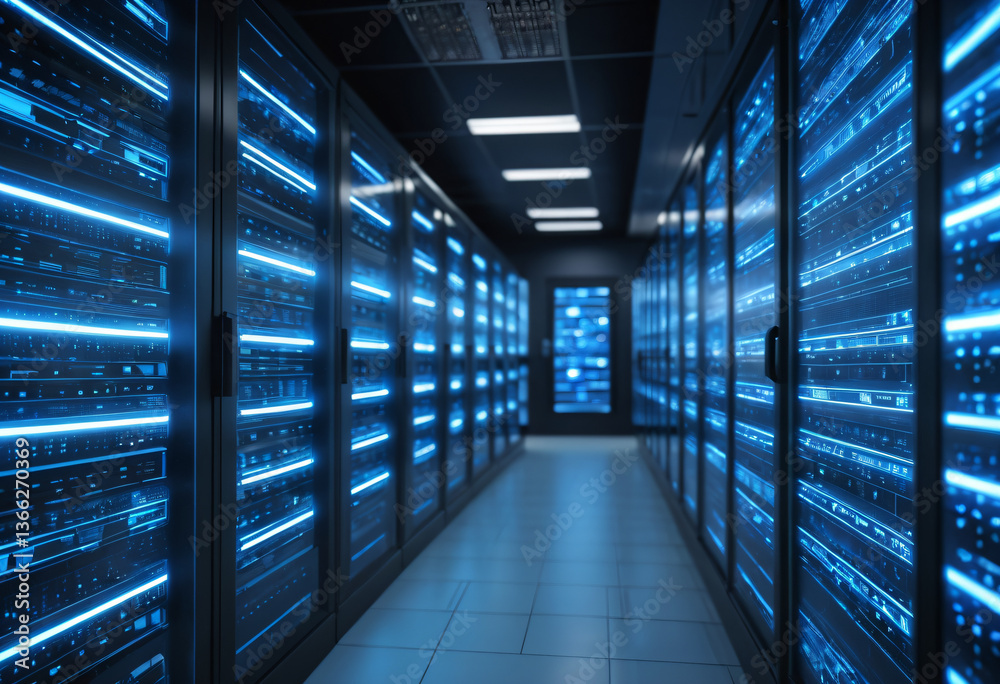 Fototapeta premium Server Room Interior with Rows of Rack Servers