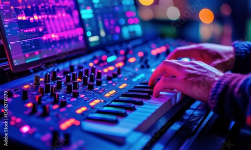 Musician Creates Unique Sounds on Synthesizer With Vibrant Lighting at a Musi...