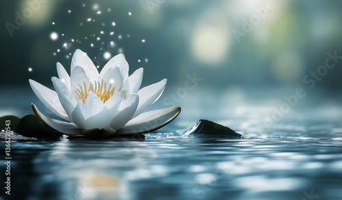 White Water Lily Blooming on Tranquil Water With Reflections and Soft Light