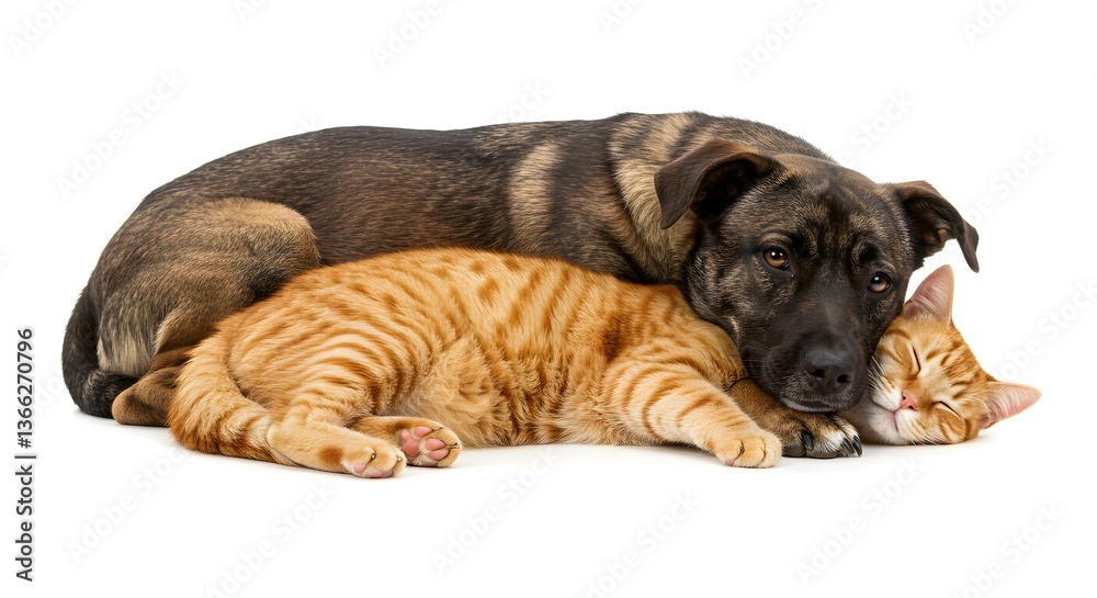 Obraz premium A cat and a Dog sleeping together. Puppy and kitten sleeping