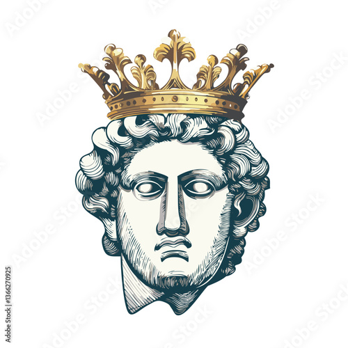 Design a black graphic of Michelangelo’s David head wearing a modern crown or laurel wreath made of gold chains or baroque floral motifs