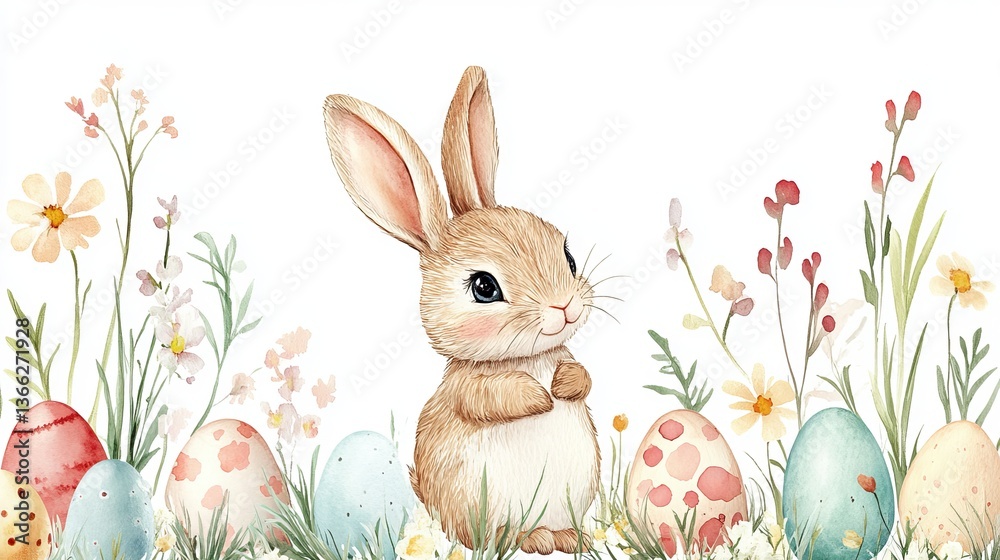 Cute Easter card with a watercolor bunny, eggs, and flowers. It has pretty spring colors.