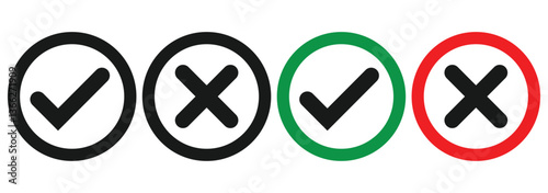 Check mark and cross symbols. Cross and tick. Checkmark and cross mark icon with true and false sign. Correct and incorrect symbol. Vector illustration.