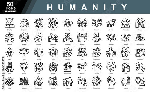 Humanity icon collection set. Containing Empathy,Compassion,Love,Diversity,Equality,Justice,Freedom,Kindness,Community,Respect icon. Simple line vector illustration.