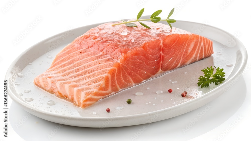 Fresh Salmon Fillet with Herbs and Seasoning, A fresh, raw salmon fillet sprinkled with sea salt, pepper, and aromatic herbs, ready for cooking.
Fresh Salmon Fillet with Herbs and Seasoning, A fresh, raw salmon fillet sprinkled with sea salt, pepper, and aromatic herbs, ready for cooking.