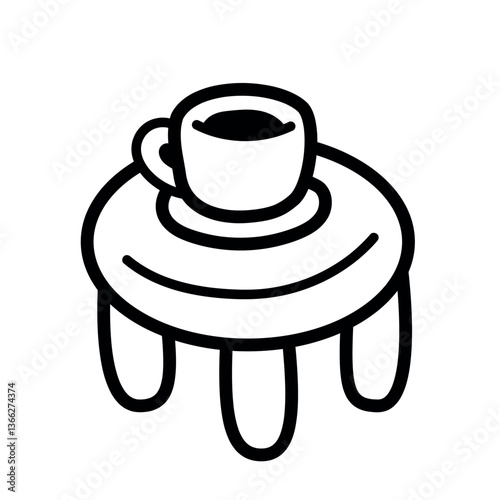 Cup with a drink on a chair. Coffee, tea. Room decor. Kawaii. Black and white icon, coloring page. Black bold outline.