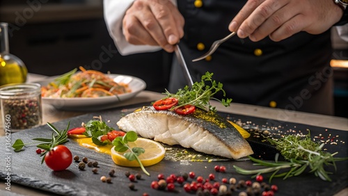 Chef Garnishing Grilled Fish with Fresh Herbs, A professional chef carefully garnishing a perfectly cooked fish fillet with fresh herbs, lemon slices, and colorful peppers in a high-end kitchen settin