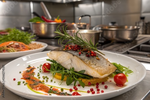 Gourmet Grilled Fish Fillet with Fresh Herbs, A beautifully plated grilled fish fillet garnished with fresh herbs, colorful vegetables, and a touch of seasoning in a professional kitchen setting.
