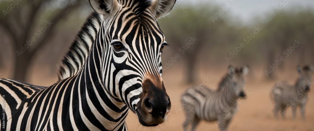 Fototapeta premium serene zebras in natural habitat with trees illustration