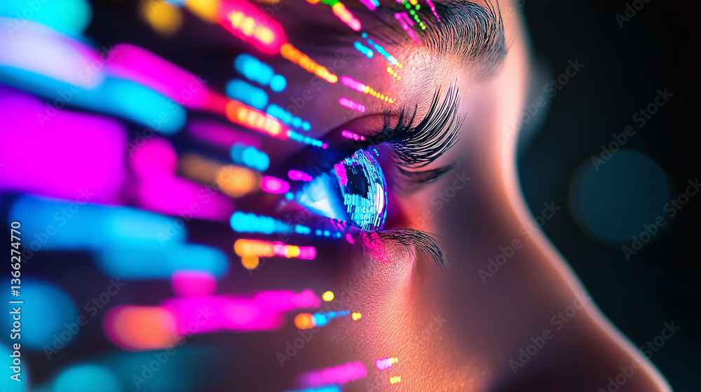 Close-up of a human eye illuminated by vibrant, multicolored digital light trails symbolizing data, technology, and vision.