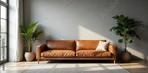Minimalist living room with brown leather sofa against grey walls, wooden table, black and white photos, minimalist decor