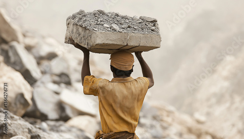 Manual Laborer Carrying Heavy Stone Quarry Debris Load