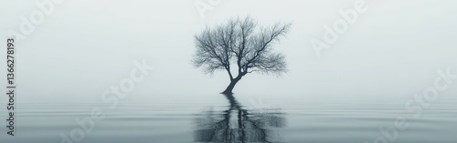 Lonely tree in misty water at dawn