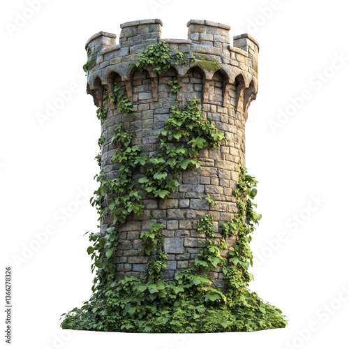 Detailed Stone Tower with Ivy on Transparent Background for Design