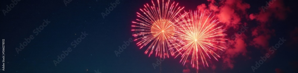 Fototapeta premium Aerial view of fireworks shooting into the air with a burst of light and colour, explosion, radiant glow, dynamic movement