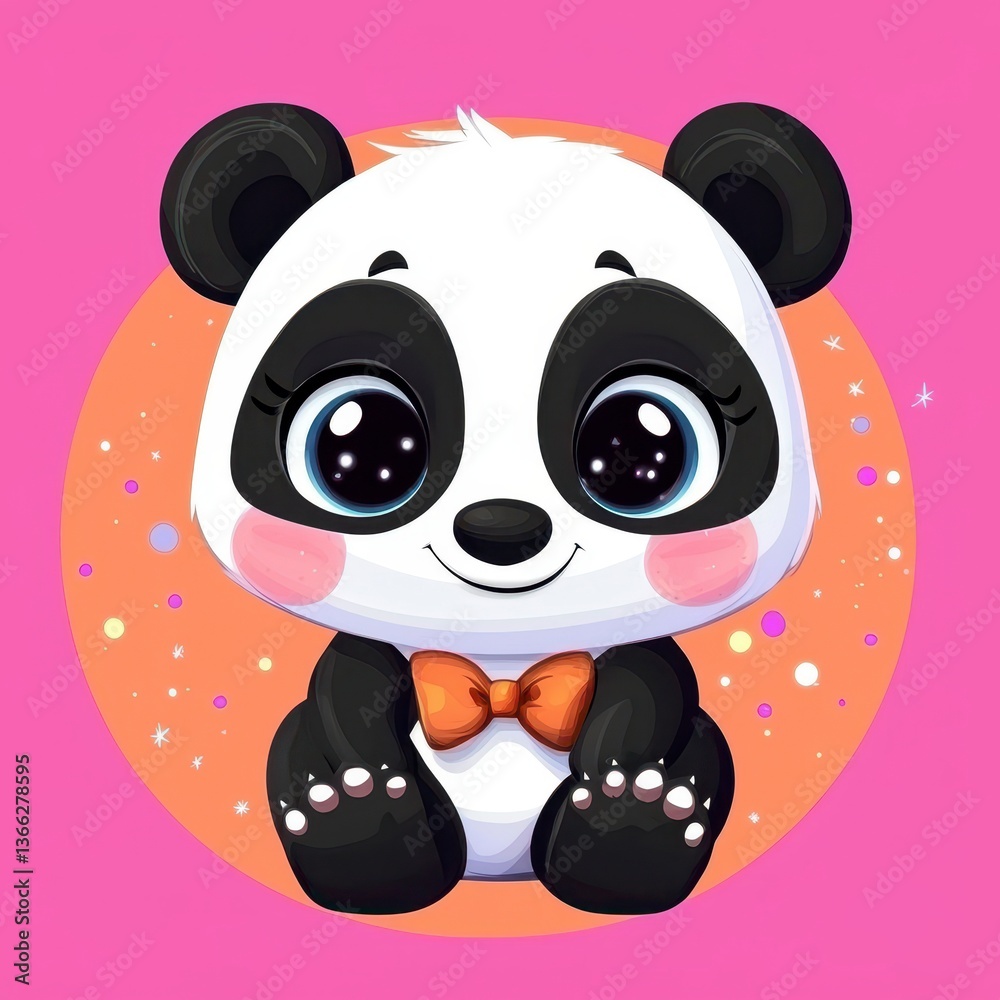 Obraz premium Adorable Baby Panda with Orange Bow Tie on Pink Background