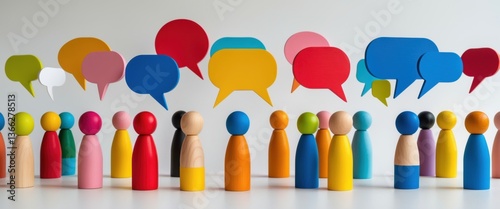 colorful wooden people with speech bubbles in various hues