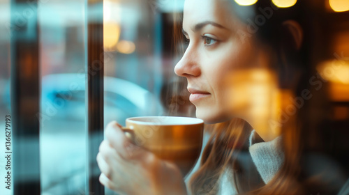 A woman sitting indoors by a window, sipping from a dark mug with warm lights reflected on the glass, creating a cozy and contemplative atmosphere.