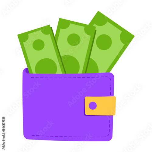 Vibrant purple wallet with green banknotes on white isolated background. Flat financial business illustration in cash payment concept. For postcards, logo.