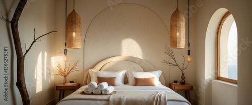serene bedroom setting with white bedspread and blanket