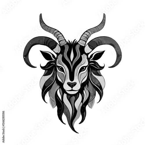 Stylized black and white Zodiac Sign goat illustration with intricate patterns and bold features representing strength and determination