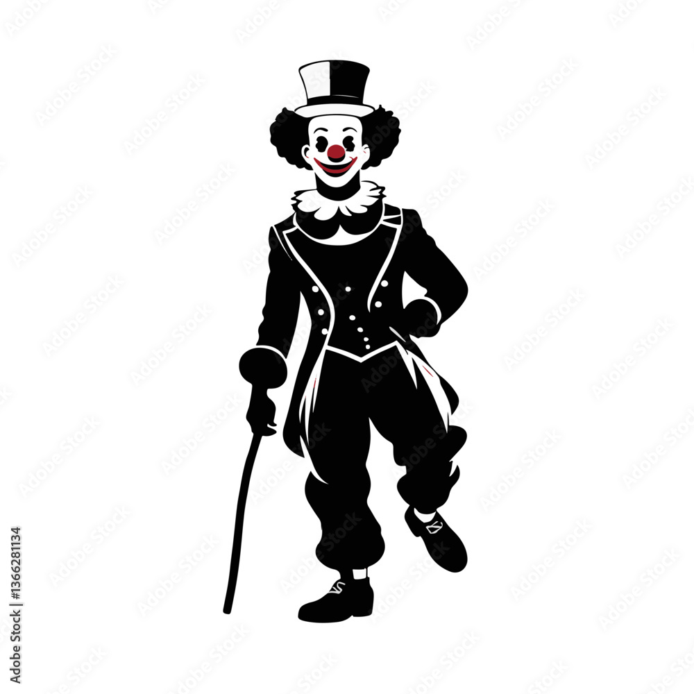 Classic clown character in formal attire performing under bright circus lights during an evening show Classic clown character in formal attire performing under bright circus lights during an evening show