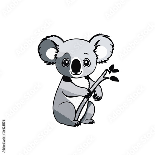 Cute koala sitting and holding a branch with leaves in a simple design against a white background