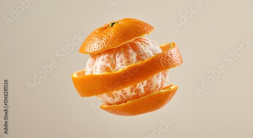 Floating peeled mandarin oranges with suspended slices against beige background