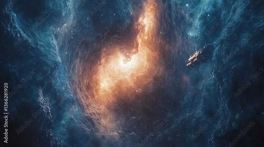 Fototapeta premium Cosmic Odyssey: A Spaceship's Journey Through Nebula's Luminous Depths