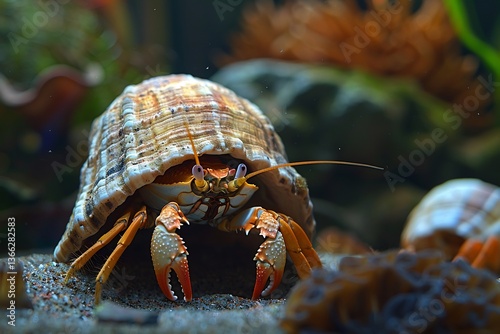 Hermit crab hesitantly peeking out shell its tiny claws barely visible standing motionless in an aquarium corner while its usual playmates scuttle around seemingly uninterested in their games today