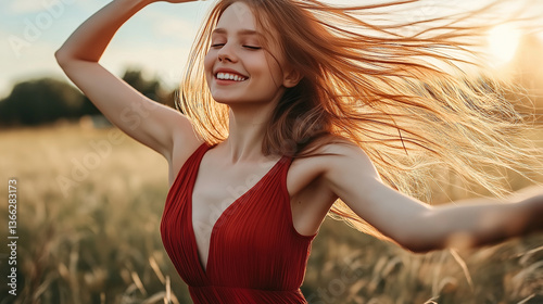 A girl dancing happily in sunlight wearing red clothes, radiating energy and joy in a carefree moment